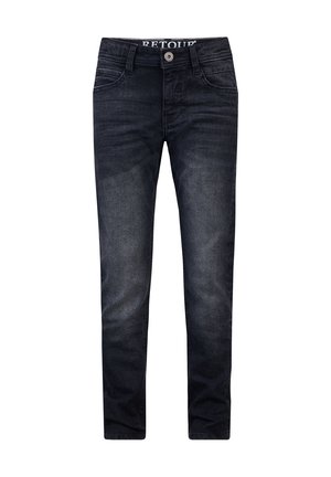 Granatowe jeansy o dopasowanym kroju, z przednimi kieszeniami, szlufkami na pasek, zapięciem na guziki oraz subtelnym przetarciem na udach i kolanach.