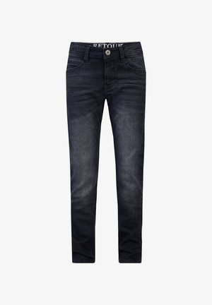 Tmavě modré džíny s úzkým střihem, předními kapsami, poutky na pásek, zapínáním na knoflík a jemným vyblednutím v oblasti stehen a kolen.