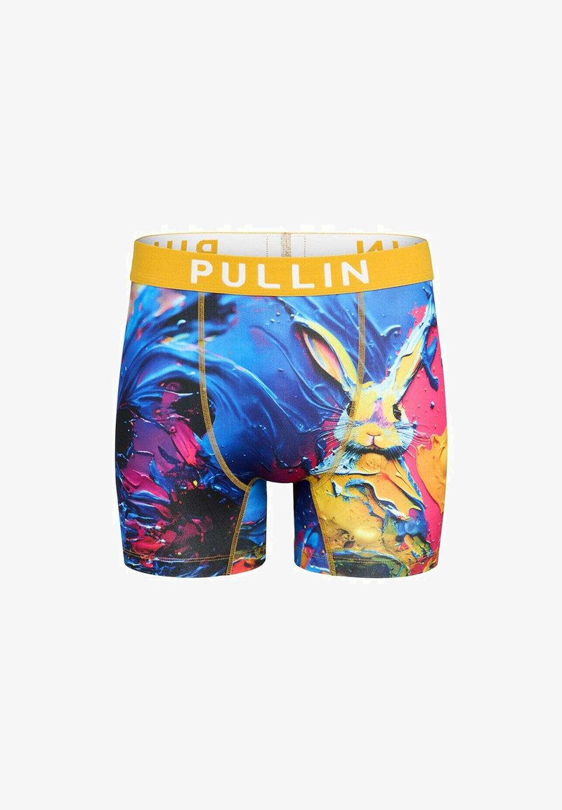 Boxer-briefs pour hommes avec un motif de peinture abstrait coloré et un visage de lapin, présentant une taille jaune portant la mention « PULLIN ».