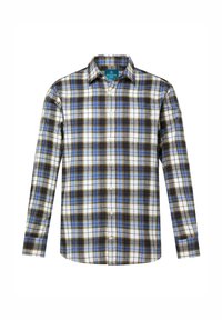 Camicia a maniche lunghe a scacchi, caratterizzata da quadretti blu, neri e bianchi. Realizzata in cotone, con colletto button-down e tasca sul davanti.
