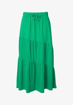 Groene, gelaagde maxirok van zachte stof met een elastische tailleband en trekkoord. Bevat lagen met geraffineerde accenten voor een relaxte pasvorm.