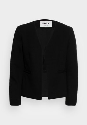 Blazer noir avec une texture en chevrons, devant ouvert, deux poches avant et manches longues. Design simple sans boutons ni embellissements.