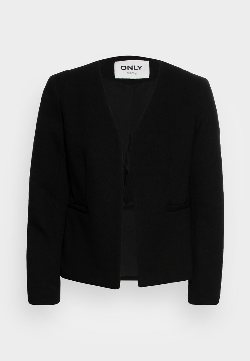 Blazer noir avec une texture en chevrons, devant ouvert, deux poches avant et manches longues. Design simple sans boutons ni embellissements.