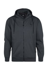 Sudadera con cremallera de color gris oscuro fabricada en material suave, con capucha, dos bolsillos delanteros y detalles con cordón. Diseño simple con puños acanalados.