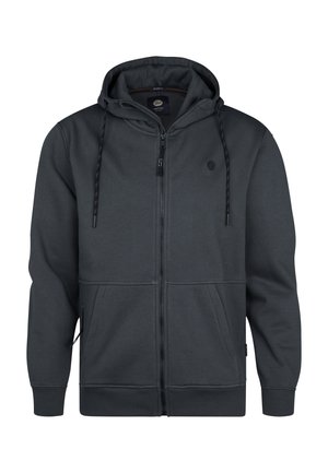 Felpa con zip di colore grigio scuro realizzata in materiale morbido, dotata di cappuccio, due tasche frontali e dettagli con cordini. Design semplice con polsini a righe.