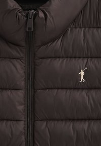 Brązowa, ocieplana kamizelka z wysokim kołnierzem, zamkiem błyskawicznym z przodu oraz małym haftowanym logo golfisty. Gładki, błyszczący materiał o pikowanej fakturze.