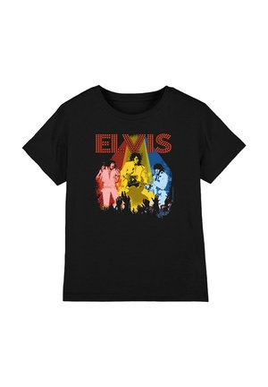 Schwarzes T-Shirt mit farbenfrohem Motiv von drei Elvis-Presley-Posen unter rotem "ELVIS"-Text über erhobenen Händen eines Publikums.