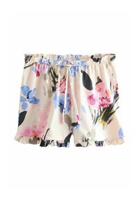 Zomershort met bloemenprint van lichte stof, voorzien van een elastische tailleband, een gerimpelde zoom en een mix van roze, blauwe en zwarte bloemenpatronen.