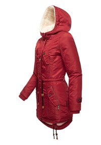 Red insulated jacket with a faux fur-lined hood, zip and button closures, drawstring waist, and front pockets with accent details.
