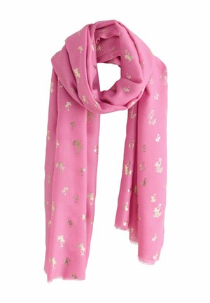 Rosa Schal mit goldenen Palmenbaum-Mustern, locker gefaltet mit Fransen an den Rändern auf weißem Hintergrund.