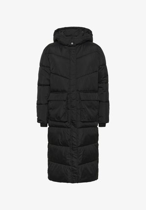 Long black padded winter coat with hood, front zipper, snap button, two large front flap pockets, and ribbed cuffs.