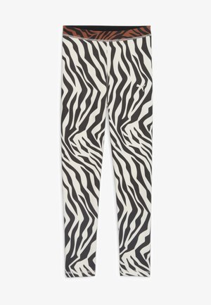 Zebra print leggings in zwart-wit met een gladde textuur, voorzien van een effen zwarte en oranje gestreepte tailleband.