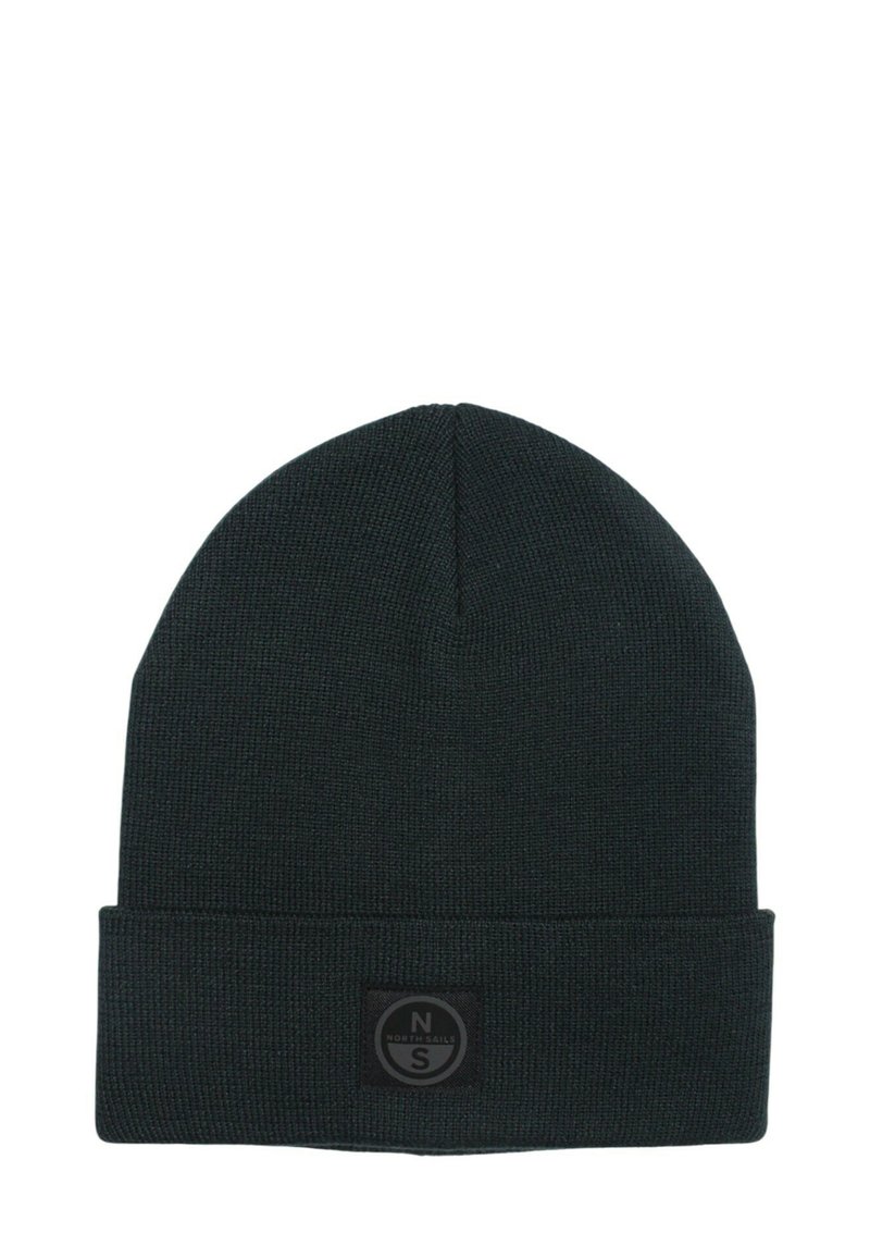 Bonnet en tricot noir avec un revers, arborant un patch logo noir rond au centre avec une lettre "N" et "S" blanches.
