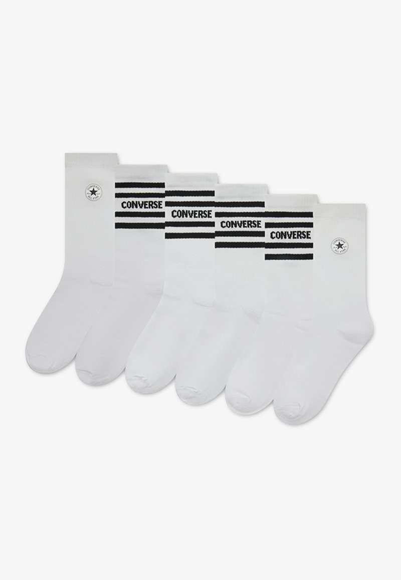 White cotton socks set of six with black "CONVERSE" stripes and logo accents on the cuffs. Smooth texture, crew length design.