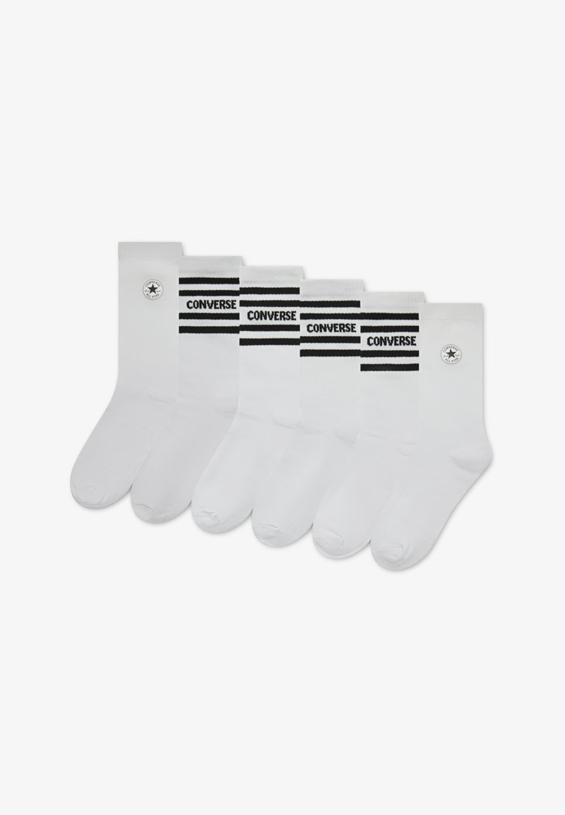 White cotton socks set of six with black "CONVERSE" stripes and logo accents on the cuffs. Smooth texture, crew length design.