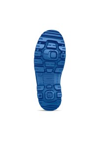 Blue rubber sole with deep treads designed for grip, showing size markings and manufacturing details on a white background.