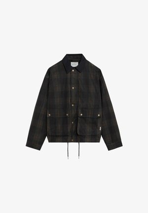 Giacca a quadri scura con colletto nero, bottoni a pressione frontali, due tasche con pattina anteriori e coulisse regolabili all'orlo.