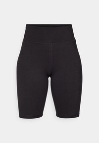 Czarne szorty rowerowe z wysokim stanem, wykonane z elastycznej, gładkiej tkaniny. Posiadają szeroki pas oraz dopasowany krój sięgający do połowy uda.