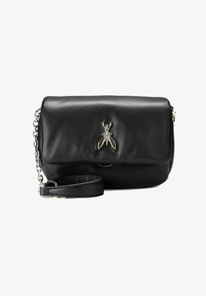 Black leather crossbody bag with a chain strap, featuring a metal insect detail on the front and a smooth texture.