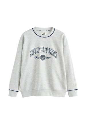Sweat-shirt gris clair à manches longues avec finition bleu marine et texte et logo "SELF SPORTS Since 2023" à l'avant.