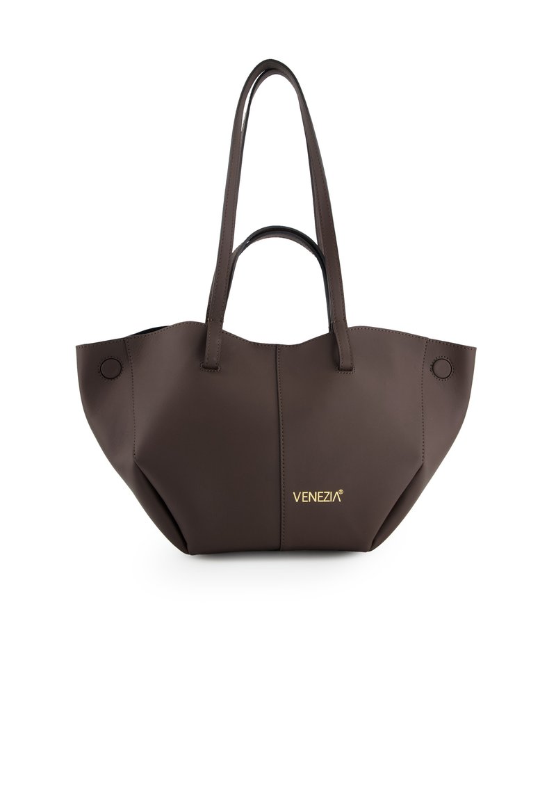 Brown synthetic handbag with dual shoulder straps, a slightly tapered shape, and gold "Venezia" branding on the front.