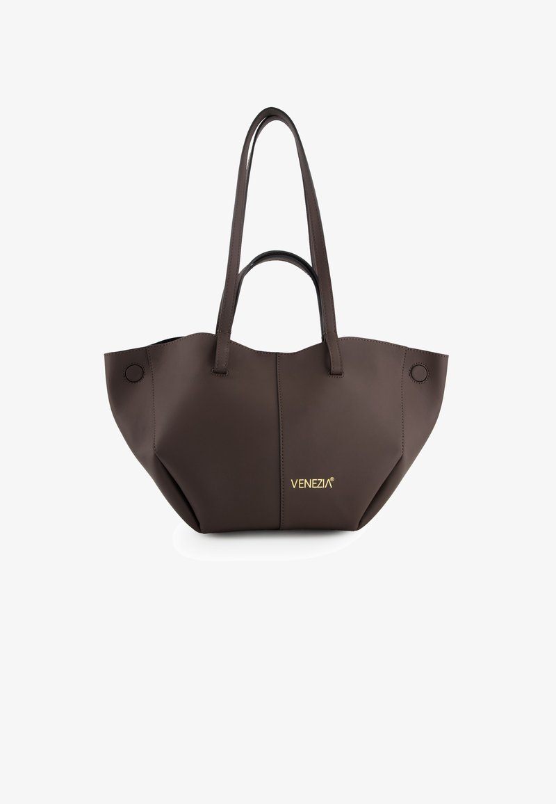 Brown synthetic handbag with dual shoulder straps, a slightly tapered shape, and gold "Venezia" branding on the front.