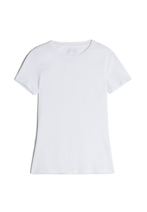 Witte t-shirt met korte mouwen van zachte katoen. Ronde halslijn, normale pasvorm, gladde textuur zonder patronen of versieringen.