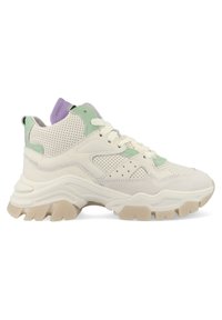 Chunky witte en mintgroene sneakers met geperforeerde details, textured suede en een dikke rubberen zool. Lavendelkleurige accenten bij de hiel.
