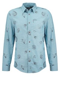 Lichtblauwe langarmige overhemd met knopen en een kraag, bedekt met zwarte botanische prints verspreid over de stof.