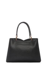 Borsa nera texture con due manici neri e dettagli in hardware dorato. Presenta una silhouette ampia e un'apertura superiore a forma di V.