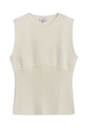 Top senza maniche in beige chiaro, caratterizzato da una parte superiore liscia e una parte inferiore a coste, con scollo a girocollo e senza hardware visibile.