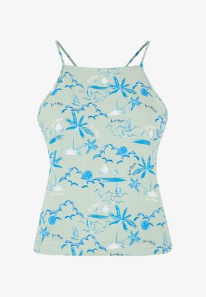 Hele roheline kampsun troopilise mustriga, kus on sinised palmipuud, pilved ja purjekad, valmistatud pehmest kangast, millel on reguleeritavad rihmad.