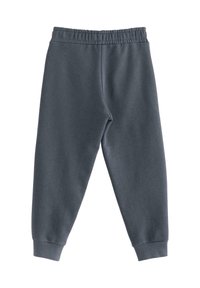 Pantaloni della tuta grigio scuro con cintura elastica e polsini a coste, stesi su uno sfondo bianco.