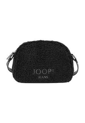 Kleine zwarte gestructureerde crossbody tas met "JOOP! JEANS" gegraveerd aan de voorkant en verstelbare band met metalen beslag.