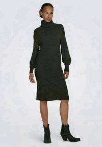 Pletené svetrové šaty v tmavě zelené barvě; přiléhavý střih s balónovými rukávy a délkou po kolena. Nosené s černými kotníkovými botami.