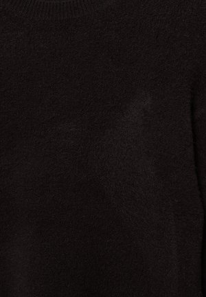 Maglione nero con tessuto morbido e strutturato. Presenta una scollatura rotonda e maniche lunghe. Il tessuto sembra peloso con una leggera lucentezza.