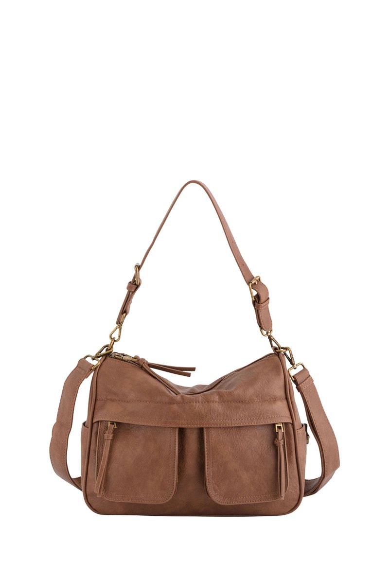 Geantă de umăr din piele maro, cu două buzunare frontale, curea ajustabilă, accesorii aurii și finisaj texturat. Capac de închidere cu detaliu din ciucure.
