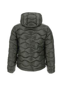 Giubbotto imbottito verde scuro con motivo testurizzato a onde, dotato di cappuccio e polsini elastici. Realizzato in materiale leggero e lucido.