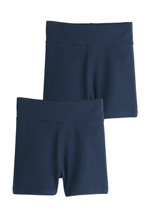 Dva páry jednoduchých tmavomodrých elastických šortiek so širokými elastickými pásmi, naskladané na seba na bielom pozadí.