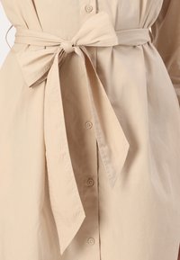 Vestito camicia beige con bottoni e vita legata. Realizzato in un tessuto morbido, presenta un colletto e maniche lunghe. Design fluido e con texture.