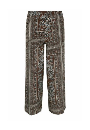 Braune Hose mit weitem Bein, weißem und schwarzem Paisley- und Blumen-Bandana-Muster und elastischem Bund.