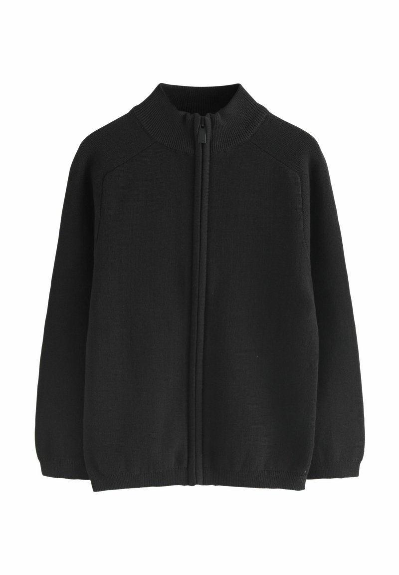 Mustar zip-up jumpertükk kõrge kraega, soonikkoes varrukate ja vöökohtadega. Koostatud siledast, keskmise paksusega kudumikoest.