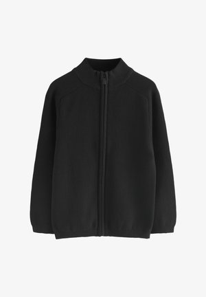 Black long-sleeve knit zip-up sweater with a ribbed stand collar, cuffs, and hem shown on a white background.