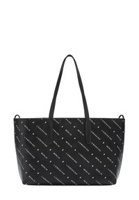 Borsa a tote nera con due manici lunghi, realizzata in materiale sintetico. Presenta un motivo stampato in tutto il suo insieme con "LIEBESKIND" e "BERLINO" in bianco.