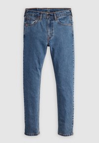 Blå denimjeans med rak benmodell, fem fickor och synliga sömmar på benen och midjan. Klassisk knappstängning.