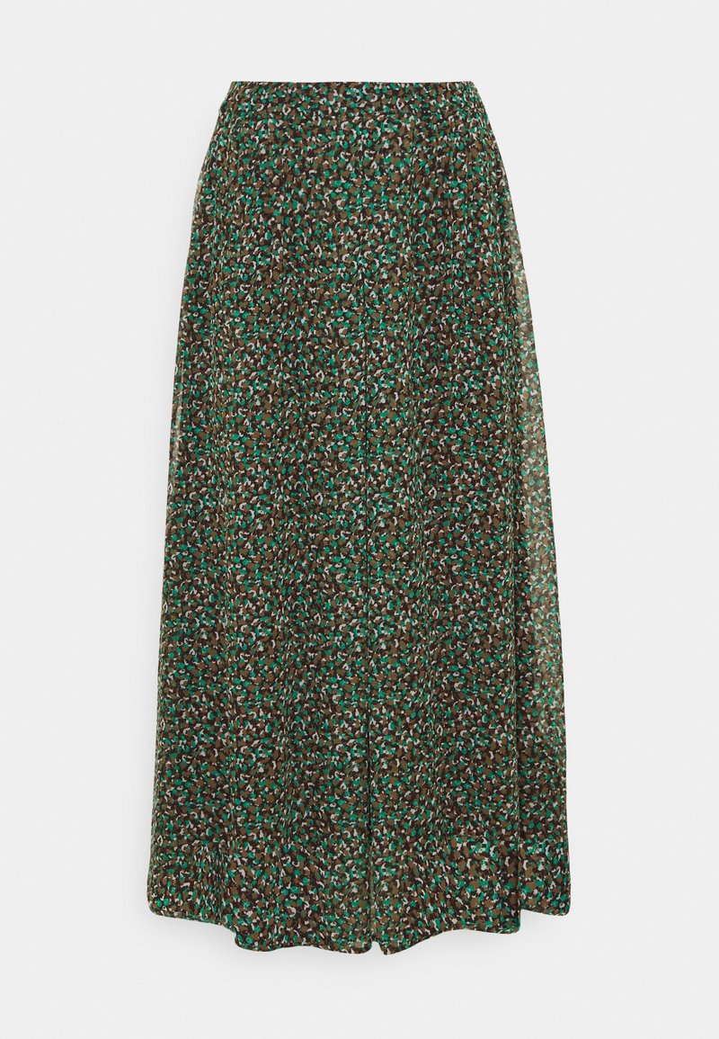 Jupe longue et fluide avec un motif floral marron, vert et blanc. Fabriquée en tissu léger avec une taille élastique pour plus de confort.