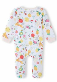 White long-sleeve onesie featuring colorful fruit, flowers, and animal illustrations. Soft cotton fabric with a round neckline and footed design.