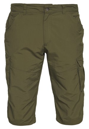 Groene cargoshorts met steek- en klepzakken aan de voorkant en zijkant, knoopsluiting en riemlussen, gemaakt van lichtgewicht stof.