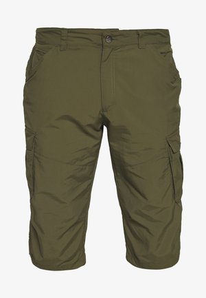 Olivengrønne cargoshorts med lommer foran og på siden med klap, knaplukning og bæltestropper, lavet af let stof.