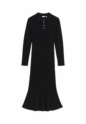Black ribbed dress with a polo collar, long sleeves, five-button front, and a flared hem. Smooth texture and fitted silhouette.